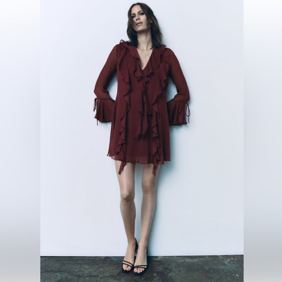 NWT Zara Red Ruffled Tiered Mini Dress - Picture 1 of 4